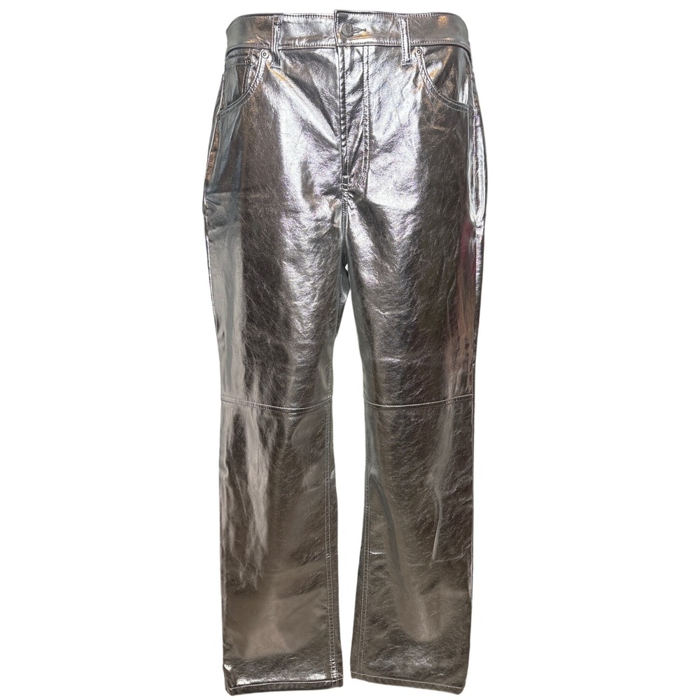 GAP Womens Cheeky Straight High Rise Metallic Silver Pants Sz 31 Party‎ Edgy Y2K